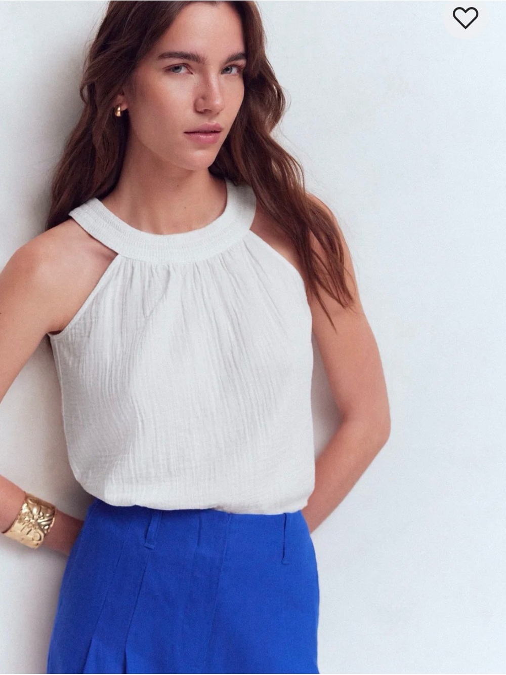 Boden White Halter-Neck Double Cloth Cotton Top Tank Smocked High Neck